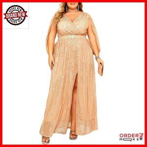 Plus Size Sequin Maxi Dress V Neck Cocktail Evening Gown Wedding Guest